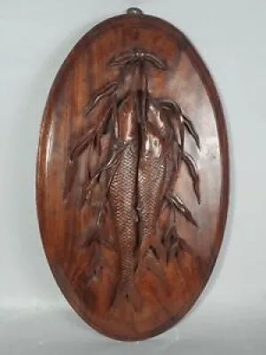 Ancien panneau bois sculpté - poissons