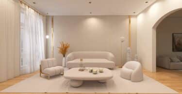Salon chaleureux avec mobilier design et assises contemporaines