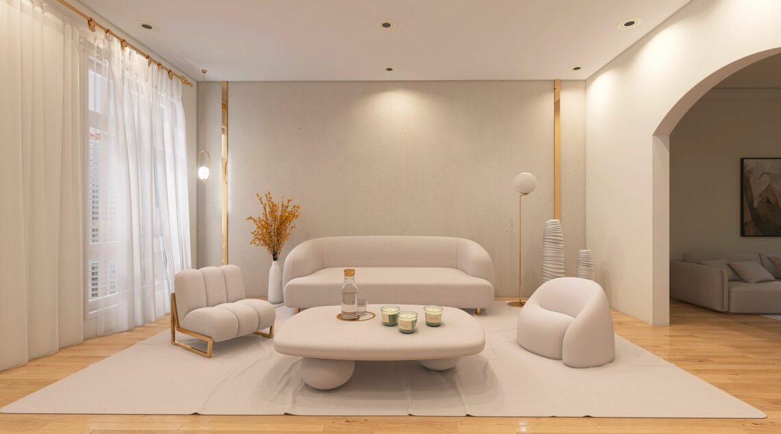 Salon avec mobilier vintage et meubles design chaleureux