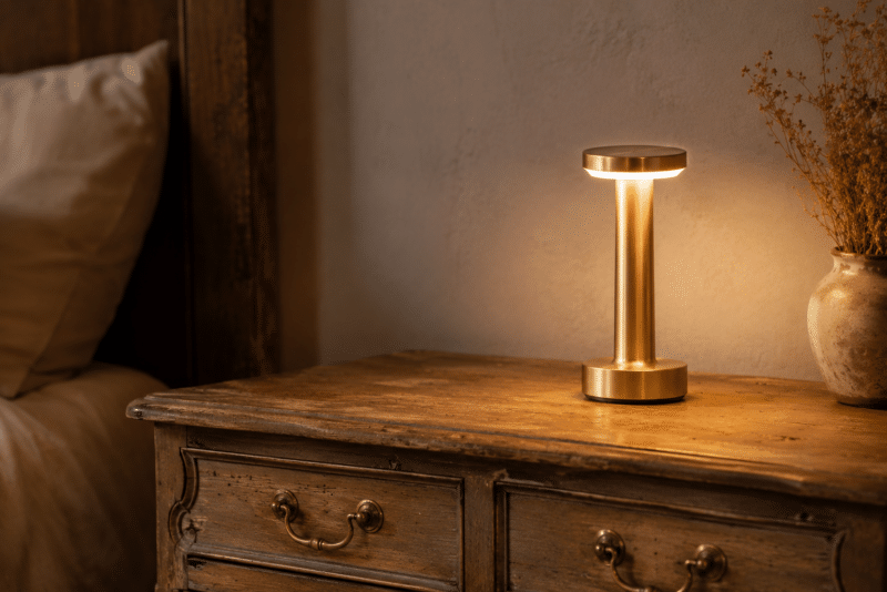 Lampe de chevet rechargeable dorée posée sur un meuble ancien patiné