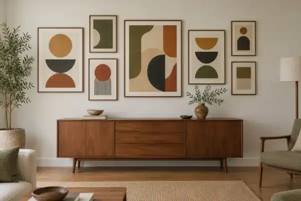 Un salon moderne avec une composition de sept affiches abstraites aux formes géométriques encadrées, disposées au-dessus
