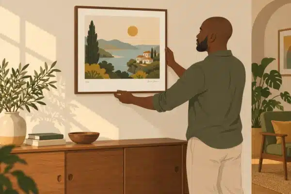 Un homme pose une affiche encadrée sur un mur au-dessus d’un meuble en bois dans un intérieur lumineux.