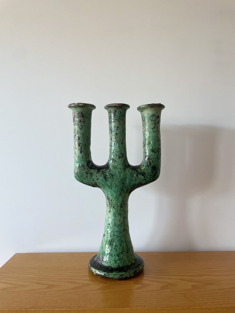 Moroccan Tamegroute Ceramic Candlestick in the style of Giacometti