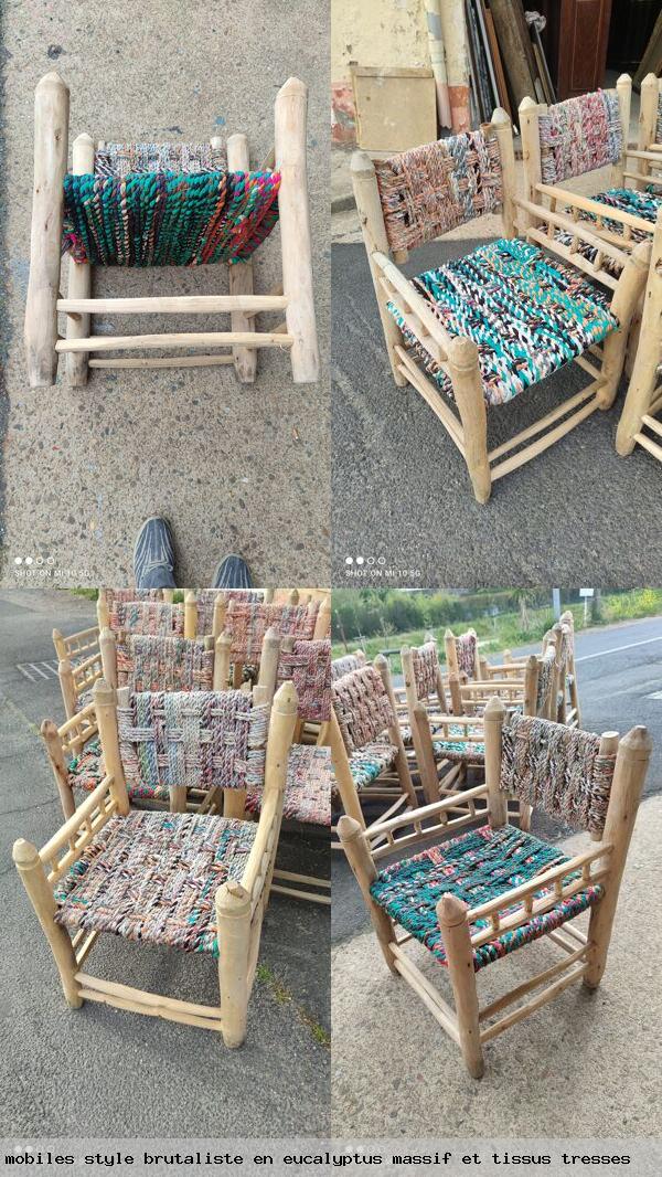 10 fauteuils a dossiers mobiles style brutaliste en eucalyptus massif et tissus tresses