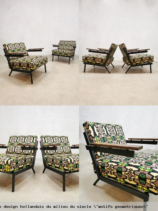 2 fauteuils vintage design hollandais milieu siecle motifs geometriques 