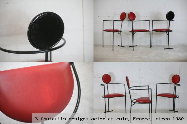 3 fauteuils designs acier et cuir france circa 1980