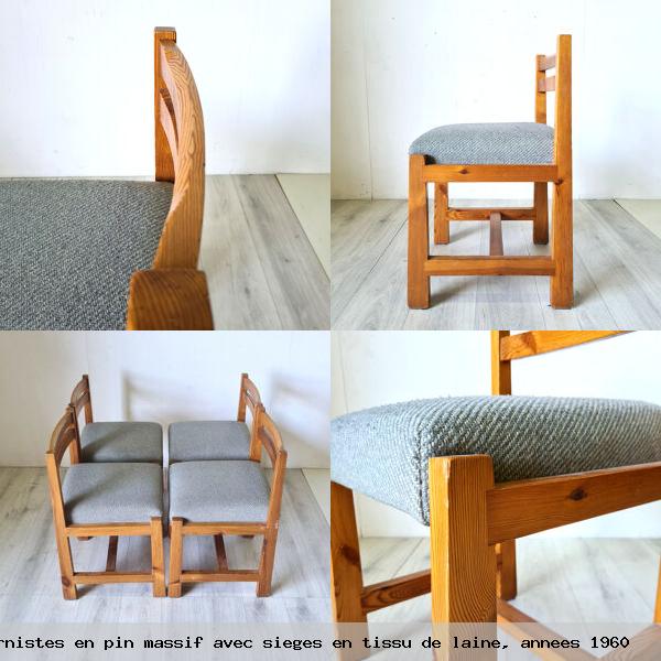 4 chaises modernistes pin massif avec sieges tissu de laine annees 1960