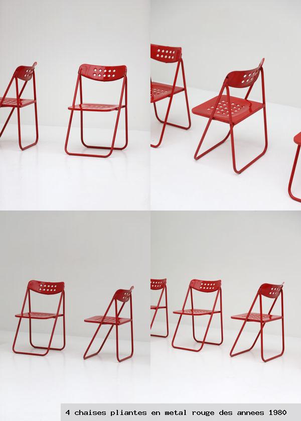 4 chaises pliantes en metal rouge des annees 1980