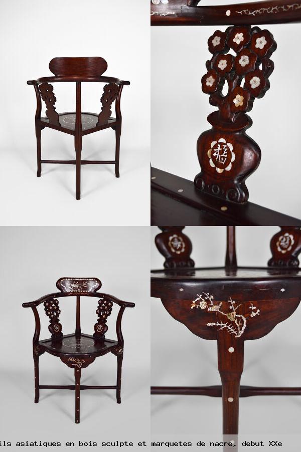 4 fauteuils asiatiques en bois sculpte et marquetes de nacre debut xxe