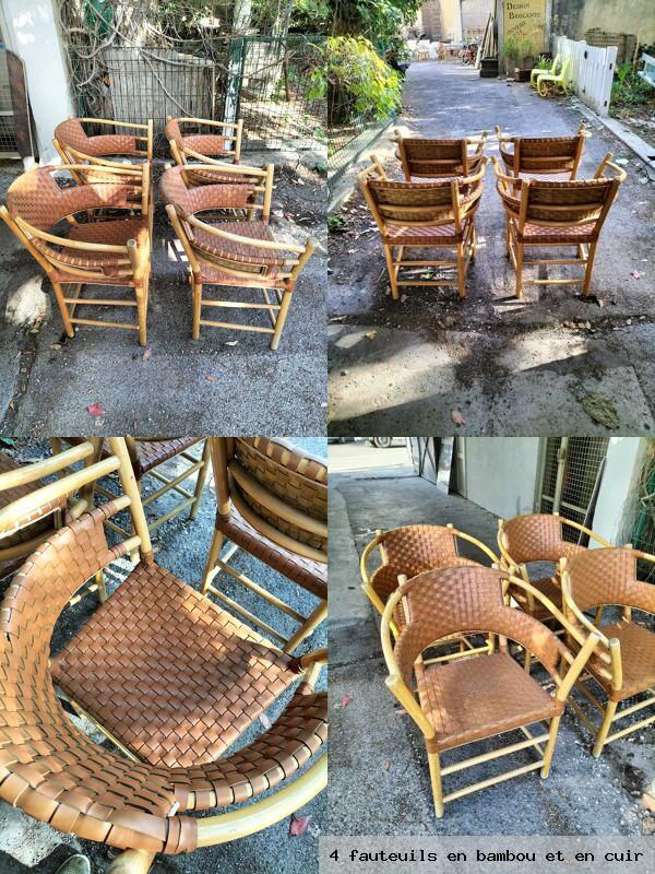 4 fauteuils bambou et cuir