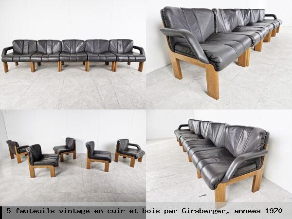 5 fauteuils vintage en cuir et bois par girsberger annees 1970