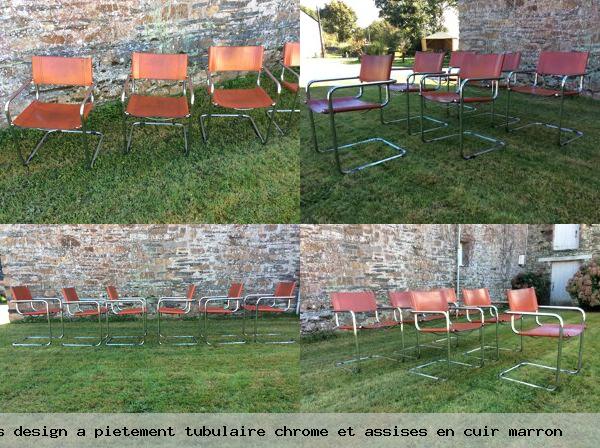 6 fauteuils design a pietement tubulaire chrome et assises en cuir marron