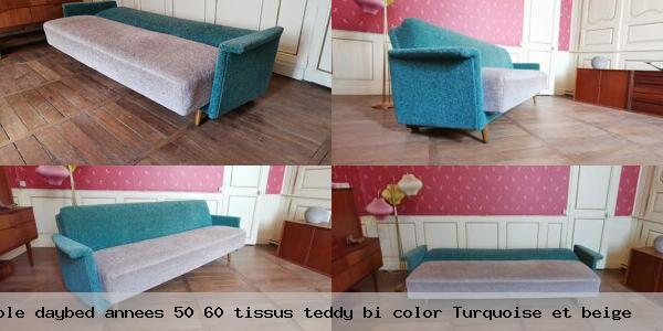 Canape convertible daybed annees 50 60 tissus teddy bi color turquoise et beige