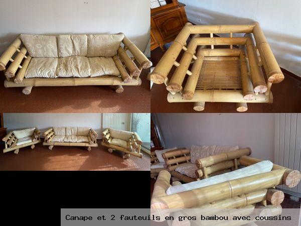 Canape et 2 fauteuils en gros bambou avec coussins