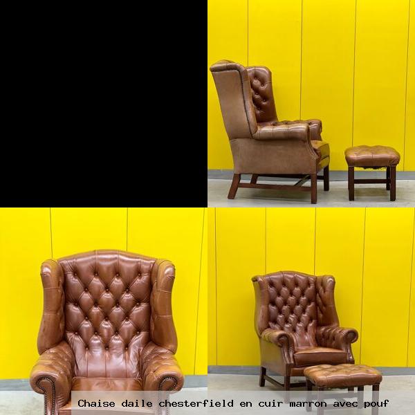 Chaise daile chesterfield en cuir marron avec pouf