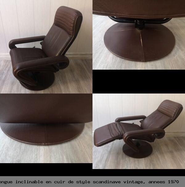 Chaise longue inclinable en cuir de style scandinave vintage annees 1970