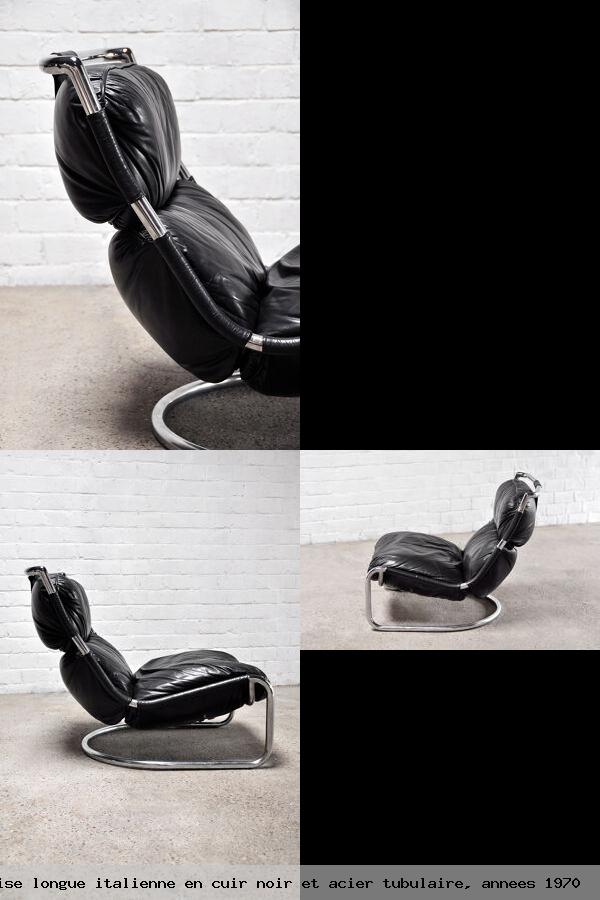 Chaise longue italienne en cuir noir et acier tubulaire annees 1970