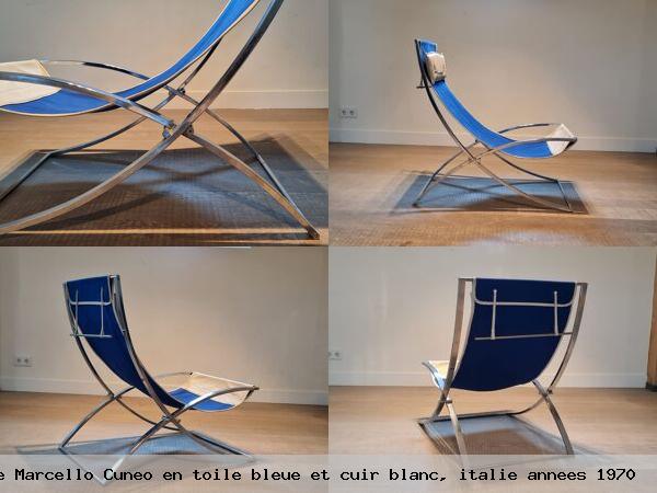 Chaise longue marcello cuneo en toile bleue et cuir blanc italie annees 1970