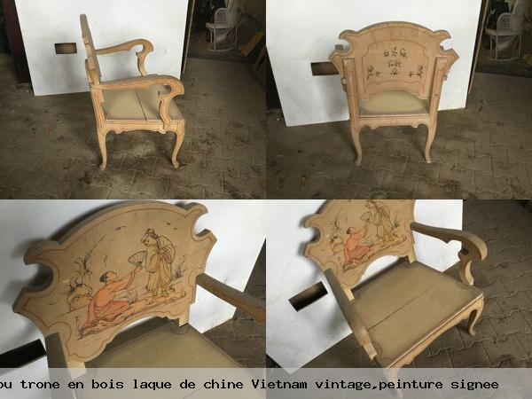 Chaise ou trone en bois laque de chine vietnam vintage peinture signee