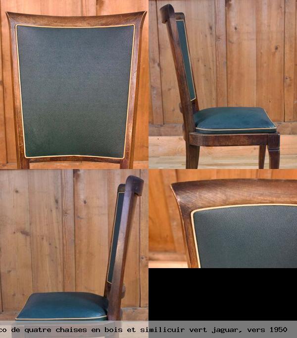 Ensemble art deco de quatre chaises en bois et similicuir vert jaguar vers 1950