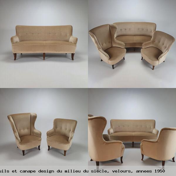 Ensemble de 2 fauteuils et canape design milieu siecle velours annees 1950