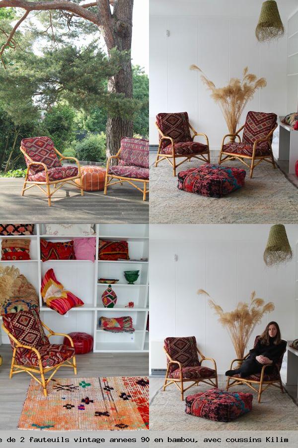 Ensemble de 2 fauteuils vintage annees 90 en bambou avec coussins kilim