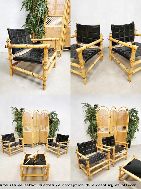 Ensemble 3 fauteuils safari suedois conception midcentury et ottoman