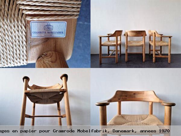 Ensemble 3 fauteuils bois pin avec sieges papier pour gramrode mobelfabrik danemark annees 1970