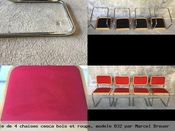 Ensemble de 4 chaises cesca bois et rouge modele b32 par marcel breuer