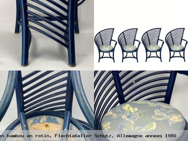 Ensemble 4 chaises salle a manger sculpturales bambou rotin flechtatelier schutz allemagne annees 1980