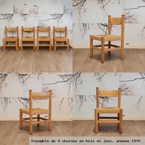 Ensemble de 4 chaises en bois et jonc annees 1970
