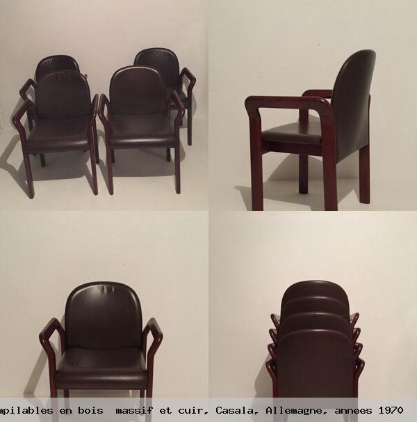 Ensemble de 4 fauteuils empilables en bois massif et cuir casala allemagne annees 1970