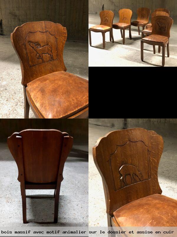Ensemble de 6 chaises vintage bois massif avec motif animalier sur le dossier et assise cuir