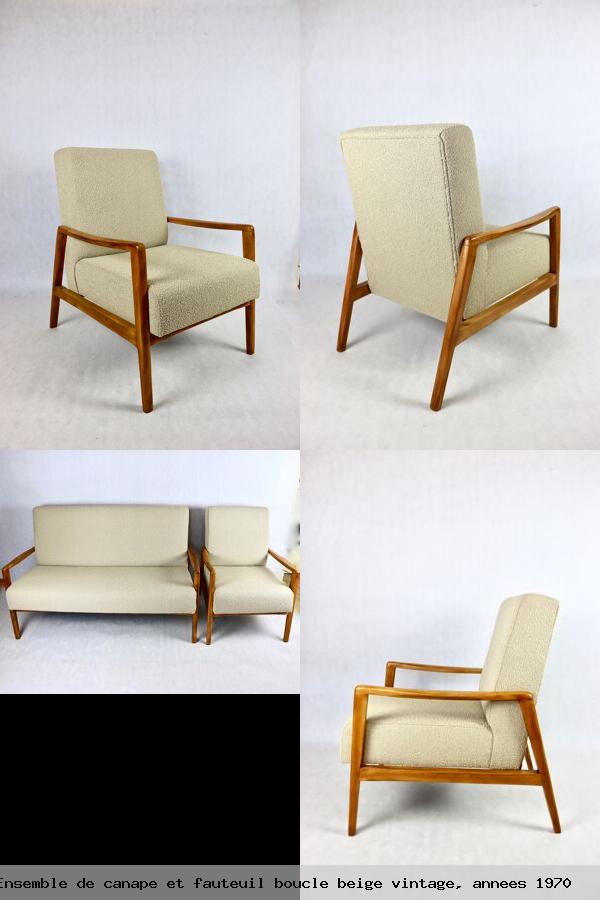 Ensemble de canape et fauteuil boucle beige vintage annees 1970