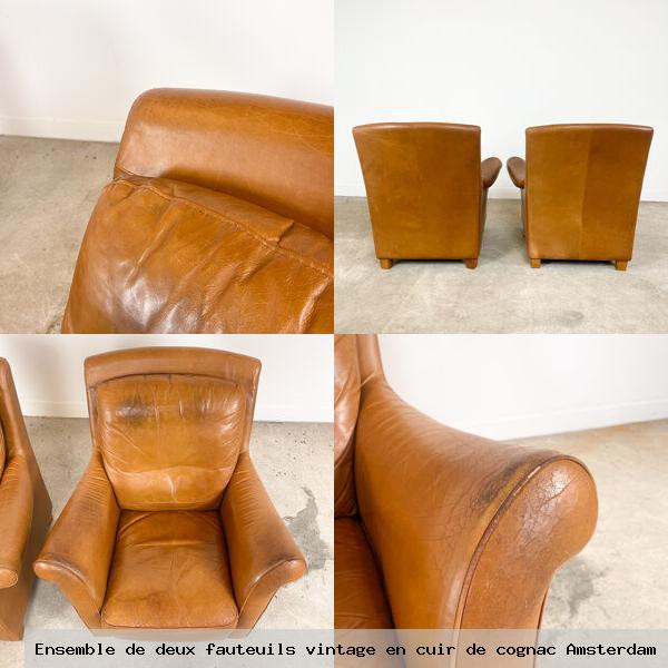 Ensemble deux fauteuils vintage en cuir cognac amsterdam