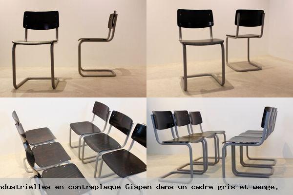 Ensemble de six chaises industrielles en contreplaque gispen dans un cadre gris et wenge 