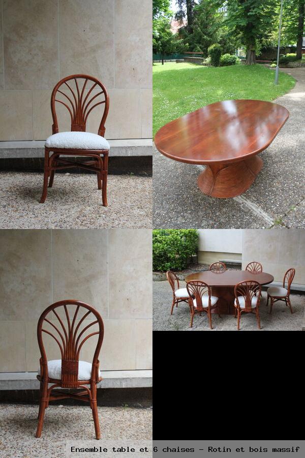 Ensemble table 6 chaises rotin bois massif