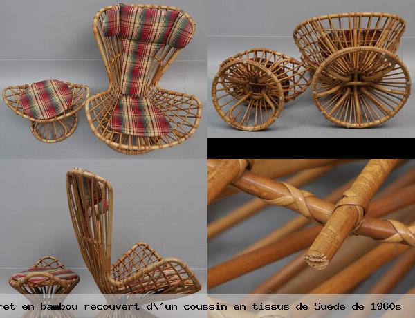 Fauteuil avec tabouret bambou recouvert d un coussin tissus suede 1960s