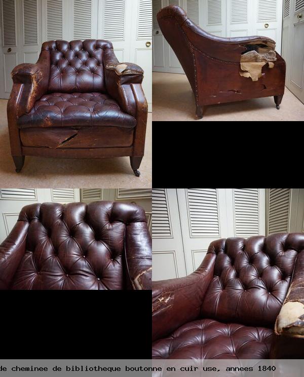 Fauteuil cheminee bibliotheque boutonne en cuir use annees 1840