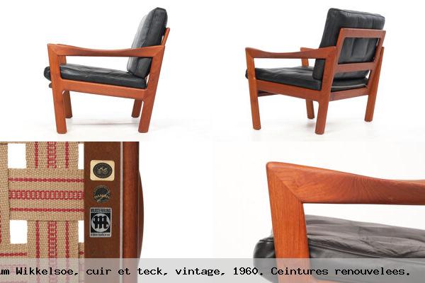 Fauteuil par illum wikkelsoe cuir et teck vintage 1960 ceintures renouvelees 
