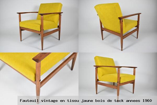 Fauteuil vintage en tissu jaune bois de teck annees 1960