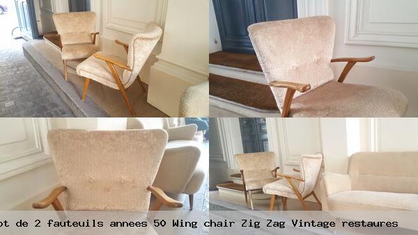 Lot de 2 fauteuils annees 50 wing chair zig zag vintage restaures
