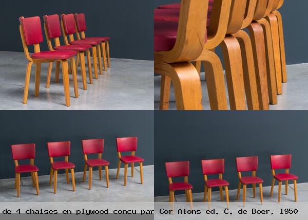 Lot 4 chaises en plywood concu par cor alons ed c boer 1950
