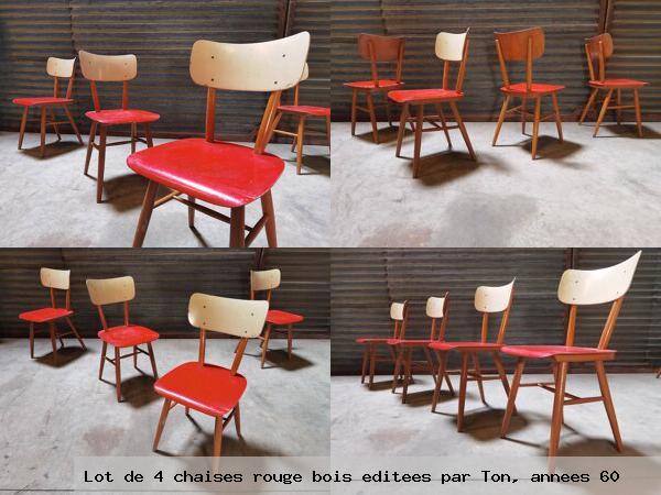 Lot de 4 chaises rouge bois editees par ton annees 60