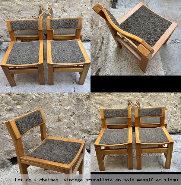Lot de 4 chaises vintage brutaliste en bois massif et tissu