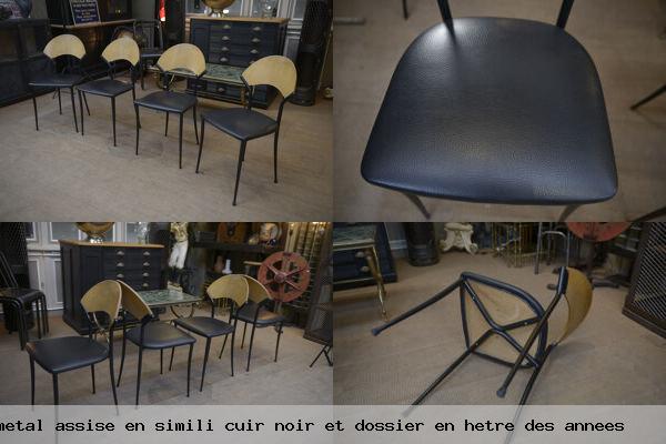 Lot de 4 chaises vintage structure metal assise simili cuir noir et dossier hetre des annees