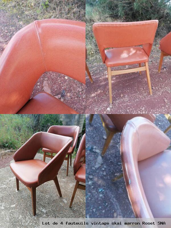 Lot de 4 fauteuils vintage skai marron roset sna
