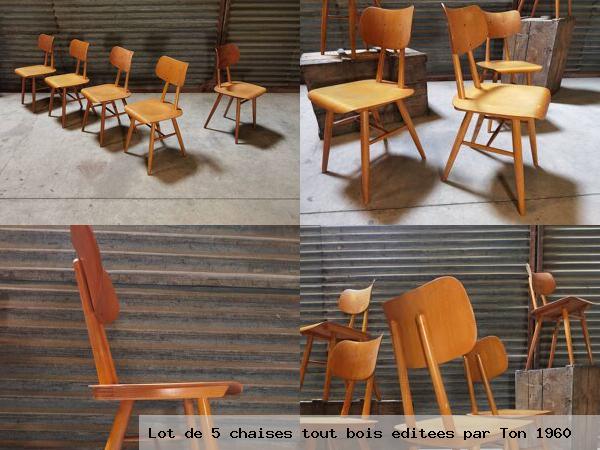 Lot de 5 chaises tout bois editees par ton 1960