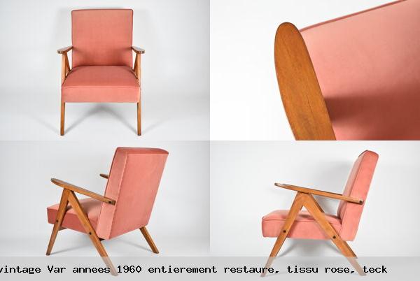 Modele fauteuil en velours vintage var annees 1960 entierement restaure tissu rose teck