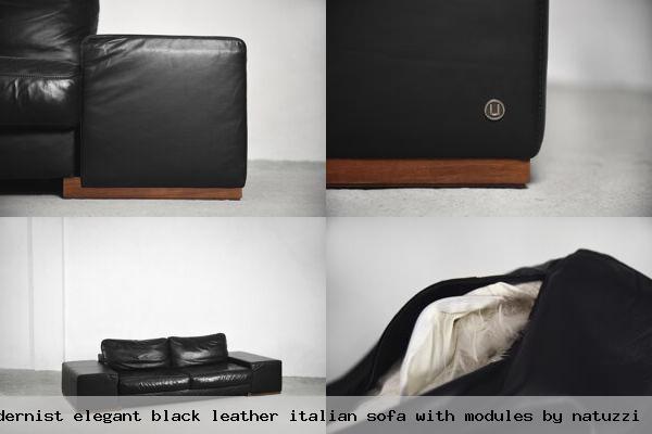 Modernist elegant black leather italian sofa with modules by natuzzi